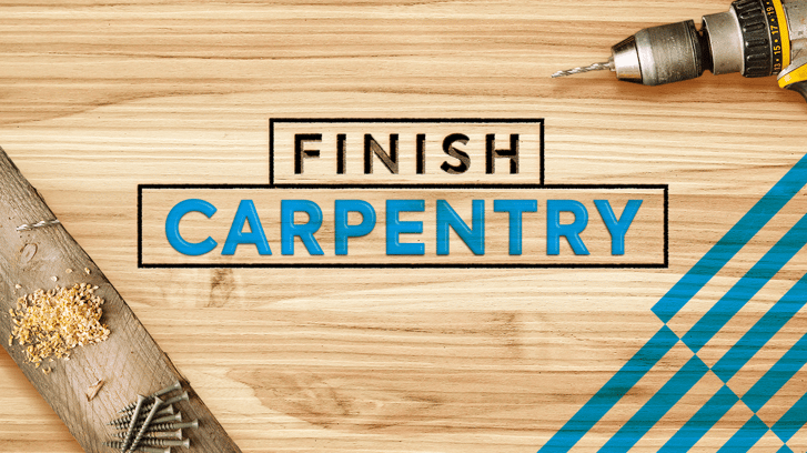 Finishing carpentry text on wooden board with a drill for kitchen remodeling