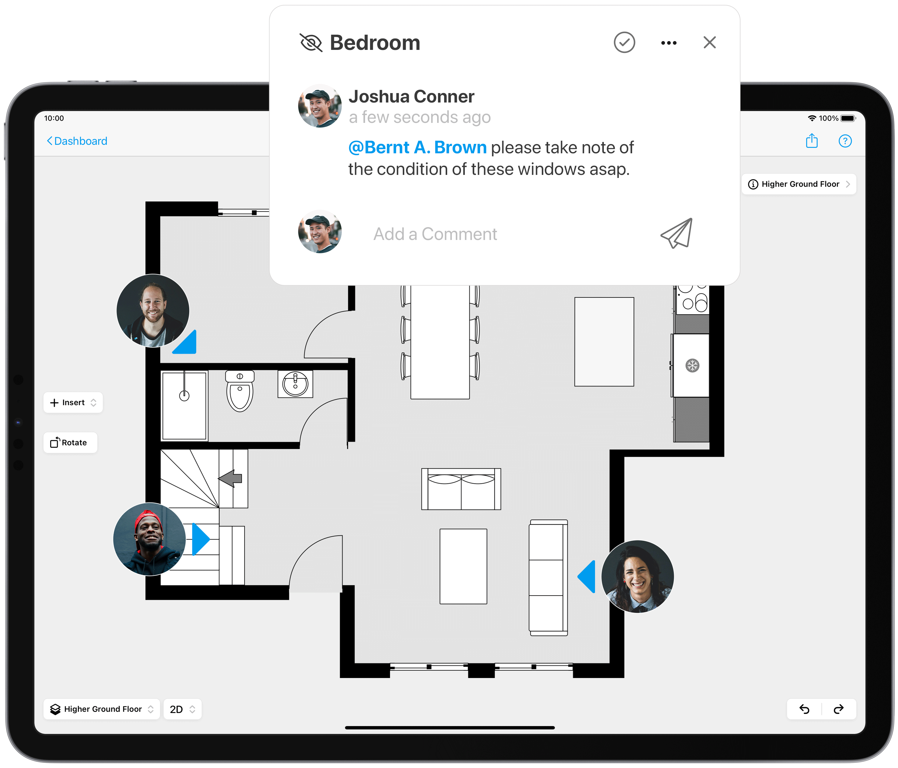 Restoration company employees communicating through the commenting features of the magicplan app on a 2D floor plan on an ipad about the condition of a window.
