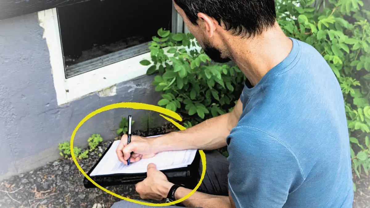 A man inspecting the exterior of a home while taking notes and reviewing the contract at the same time copy