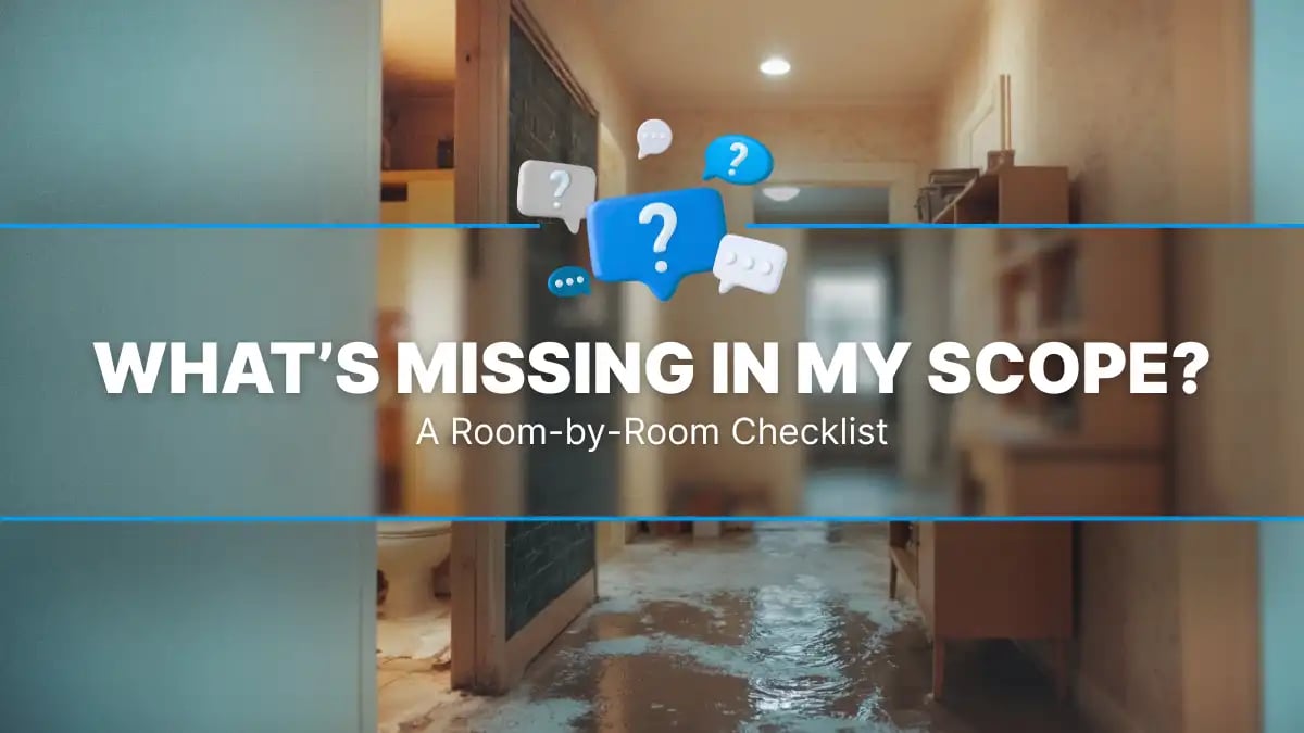 An image of a water-damaged interior with Text- What’s Missing in My Scope? (A Room-by-Room Checklist)