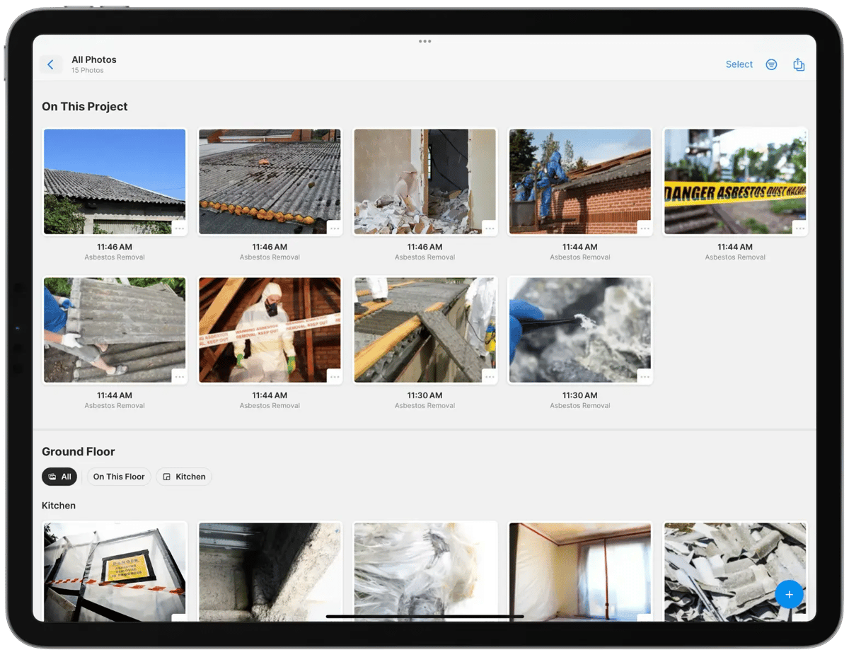 Asbestos removal inspection project photos on iPad pro.
