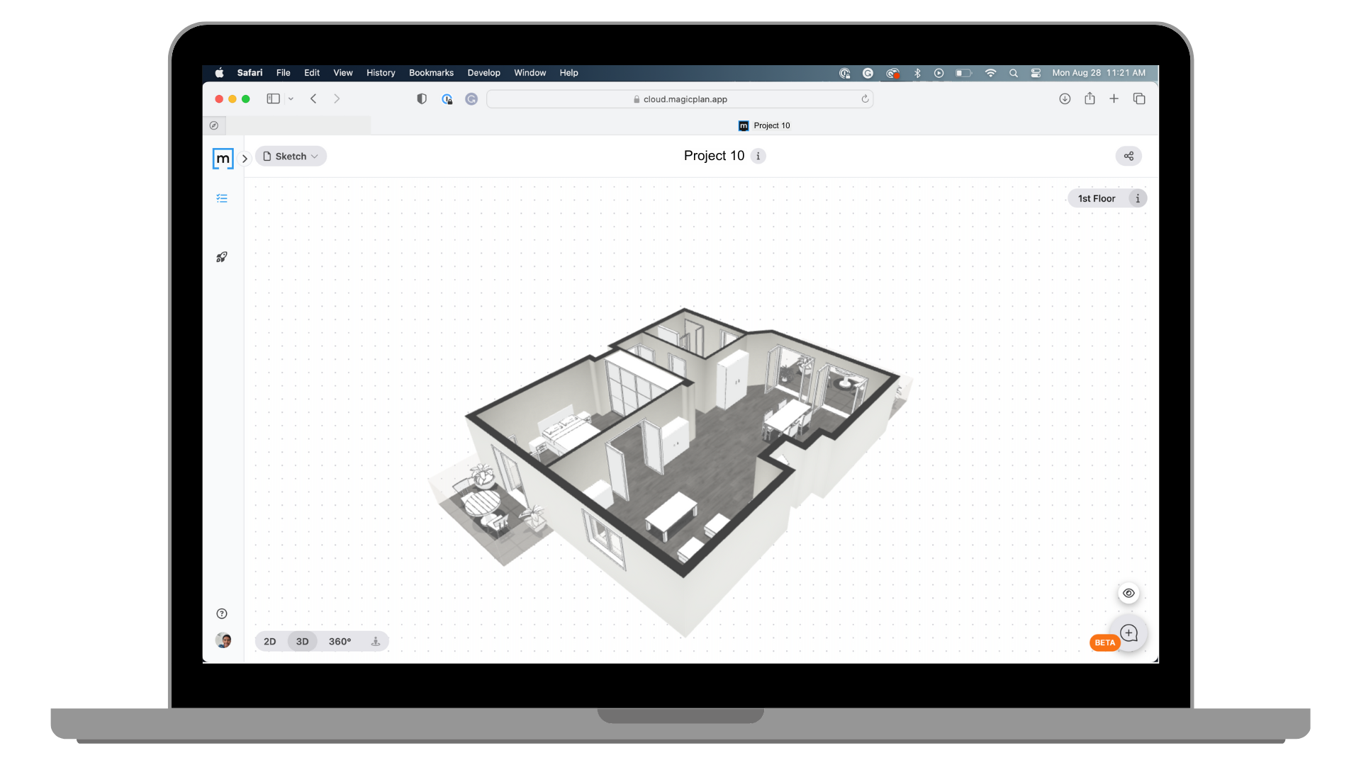 a magicplan 3D floor plan shown on a desktop computer monitor