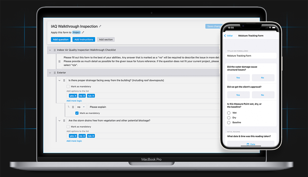 IAQ walkthrough inspection checklist using a magicplan custom form on a macbook pro and an iphone.