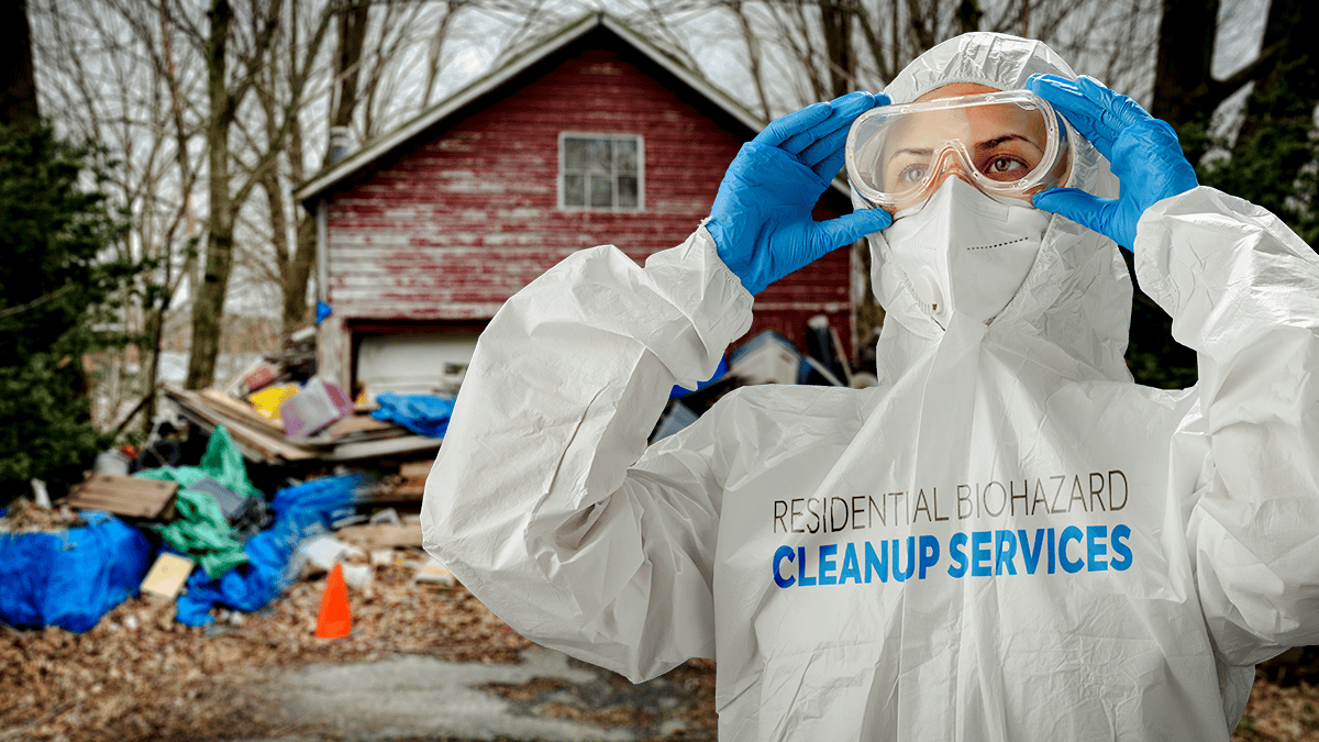 A look at specializing in residential biohazard cleanup services: person wearing a full PPE suit during a house cleanup scene
