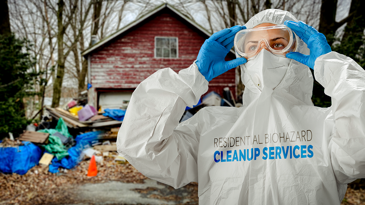 A look at specializing in residential biohazard cleanup services: person wearing a full PPE suit during a house cleanup scene 