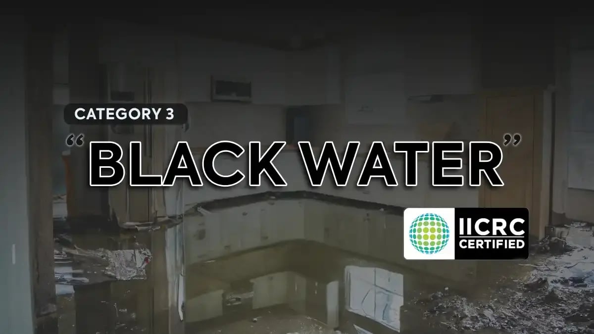 An image that represents severe, Category 3 water damage. A room flooded with dirty storm water. Text: Category 3, Black Water - IICRC Certified