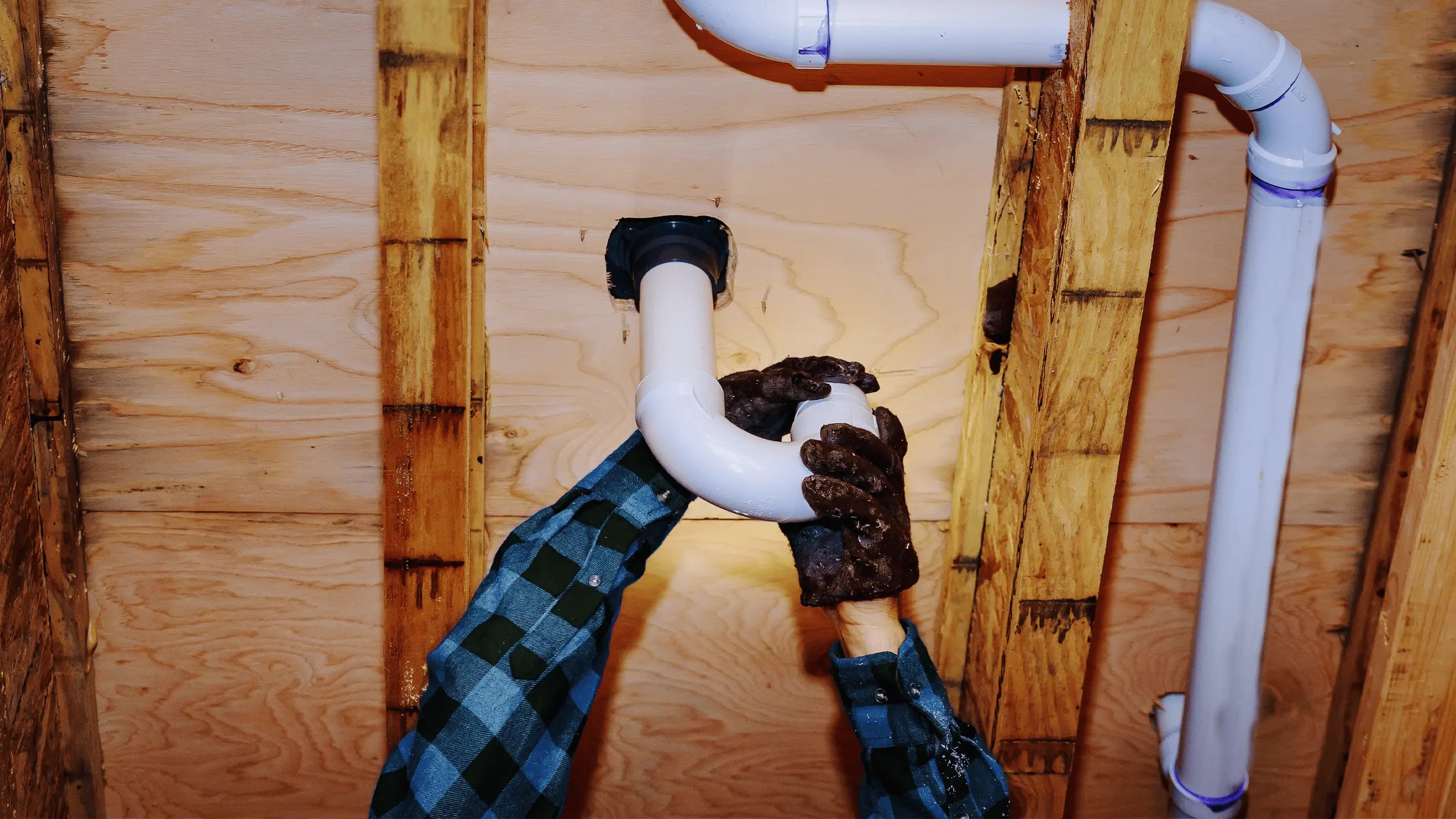 plumber fixing broken pipe with gloves