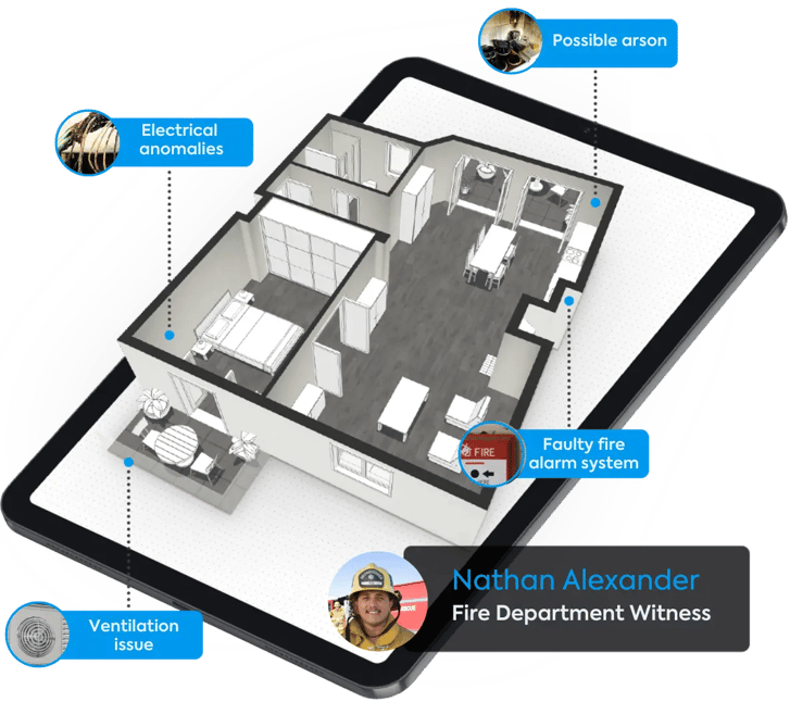 fire scene investigation floor plan evidence in ipad with witness information