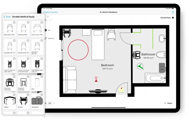 floor plan of a room in a nursing home in an ipad using the magicplan app with furniture and medical equipment object for a remodeling project planning