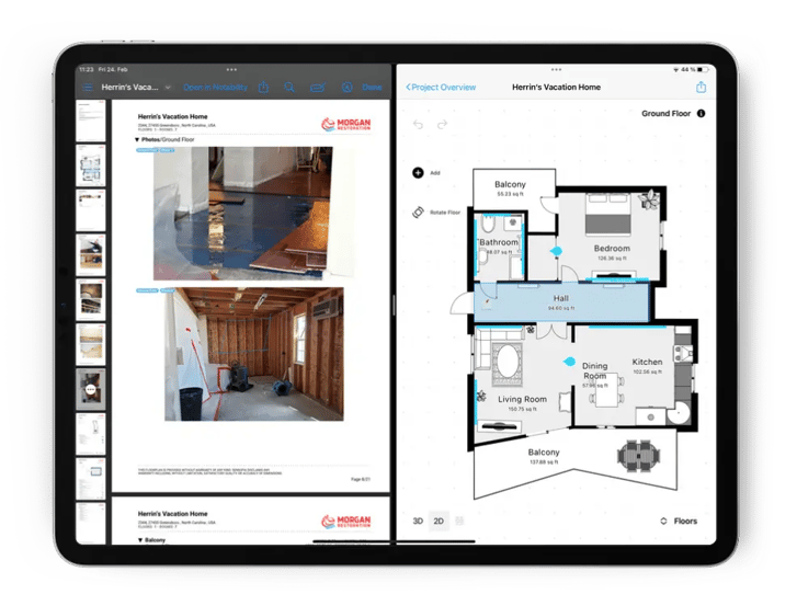 water loss claim report done by claims adjuster on iPad with property sketch, photos of the loss and notes with split screen of the claim loss report of water damage sketch restoration mitigation