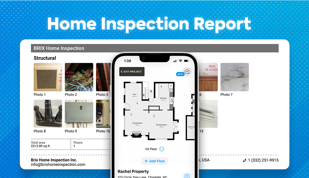 Home inspection report - iphone showing a floor plan against a portion of a magicplan generated home inspection report