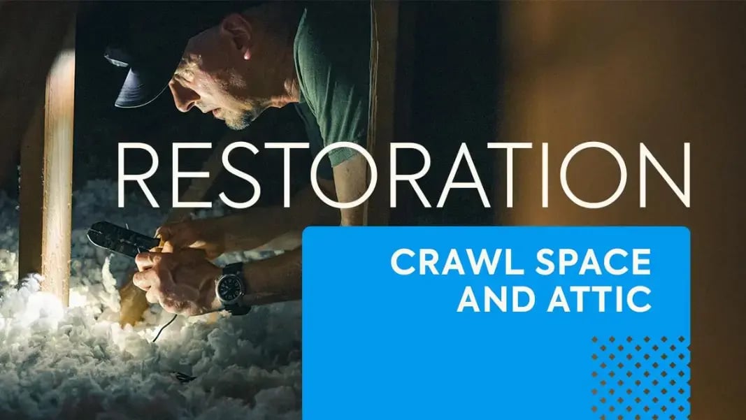 Restoration contractor in a crawl space and attic with hidden damage small space