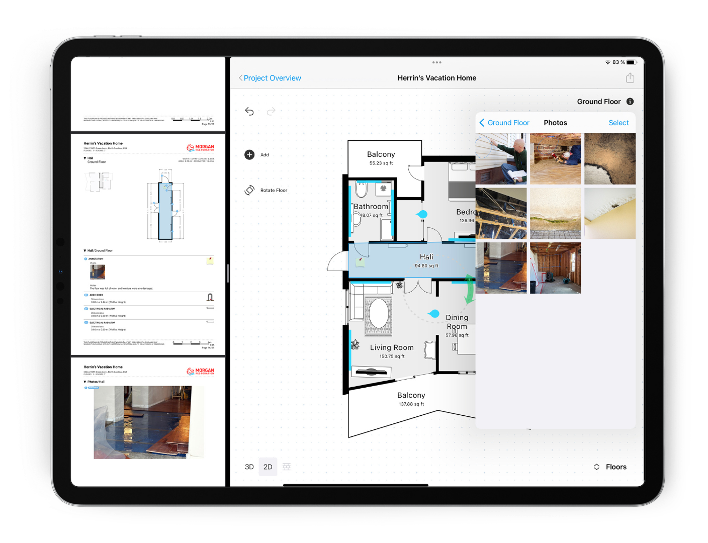 Visual evidence of water damage claim on an ipad with the site floor plan and photos of the damages