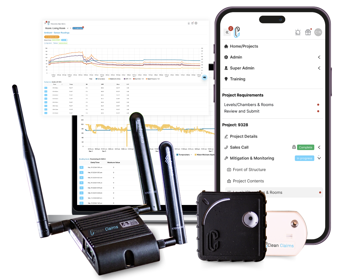 Clean Claims remote monitoring sensors with drying charts of a water damage mitigation job using and iphone.