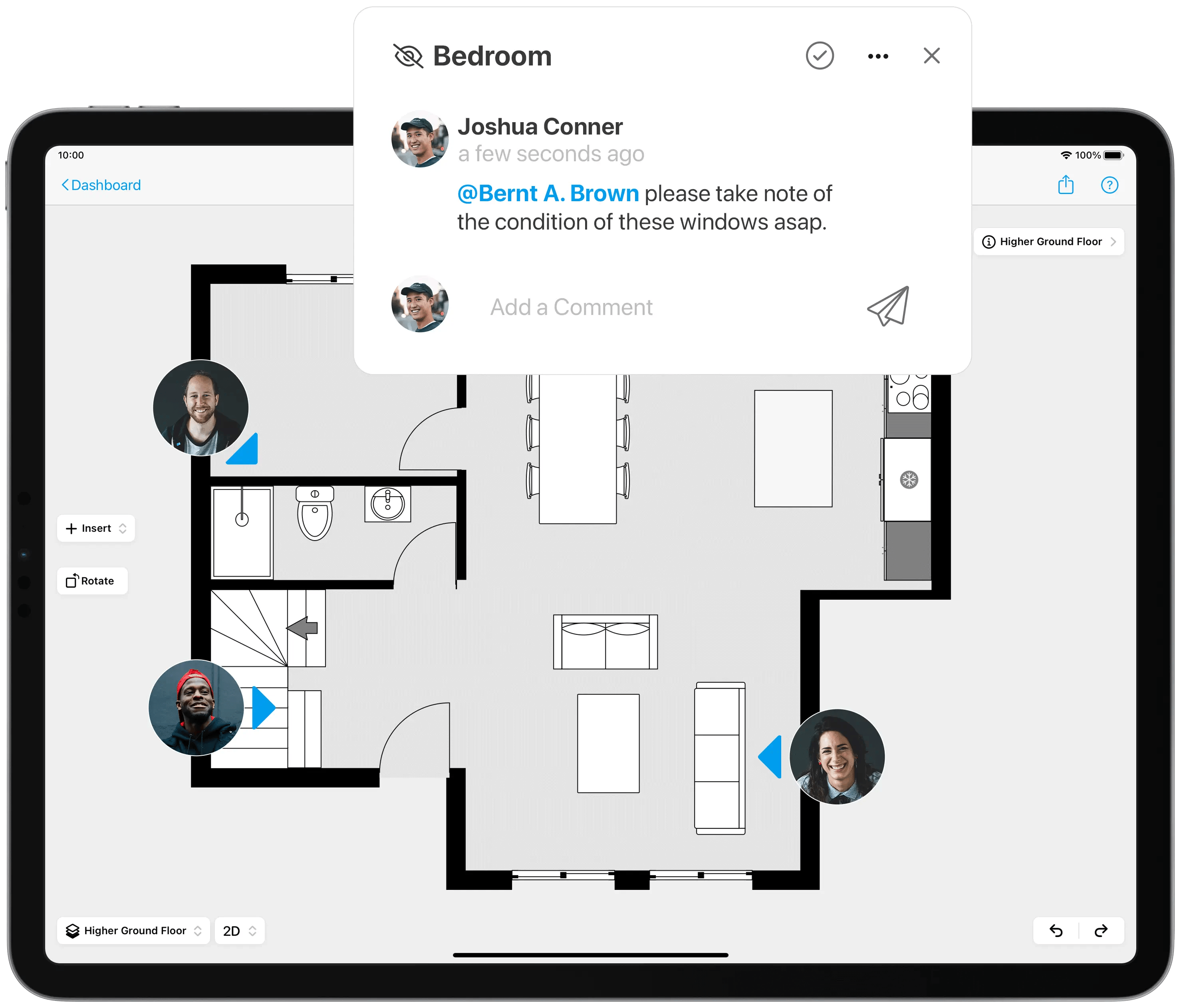 Restoration company employees communicating through the commenting features of the magicplan app on a 2D floor plan on an ipad about the condition of a window.