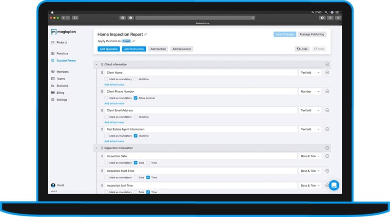 Creationg of a custom form and personalized questionaire for a business created in a laptop in the magicplan Cloud