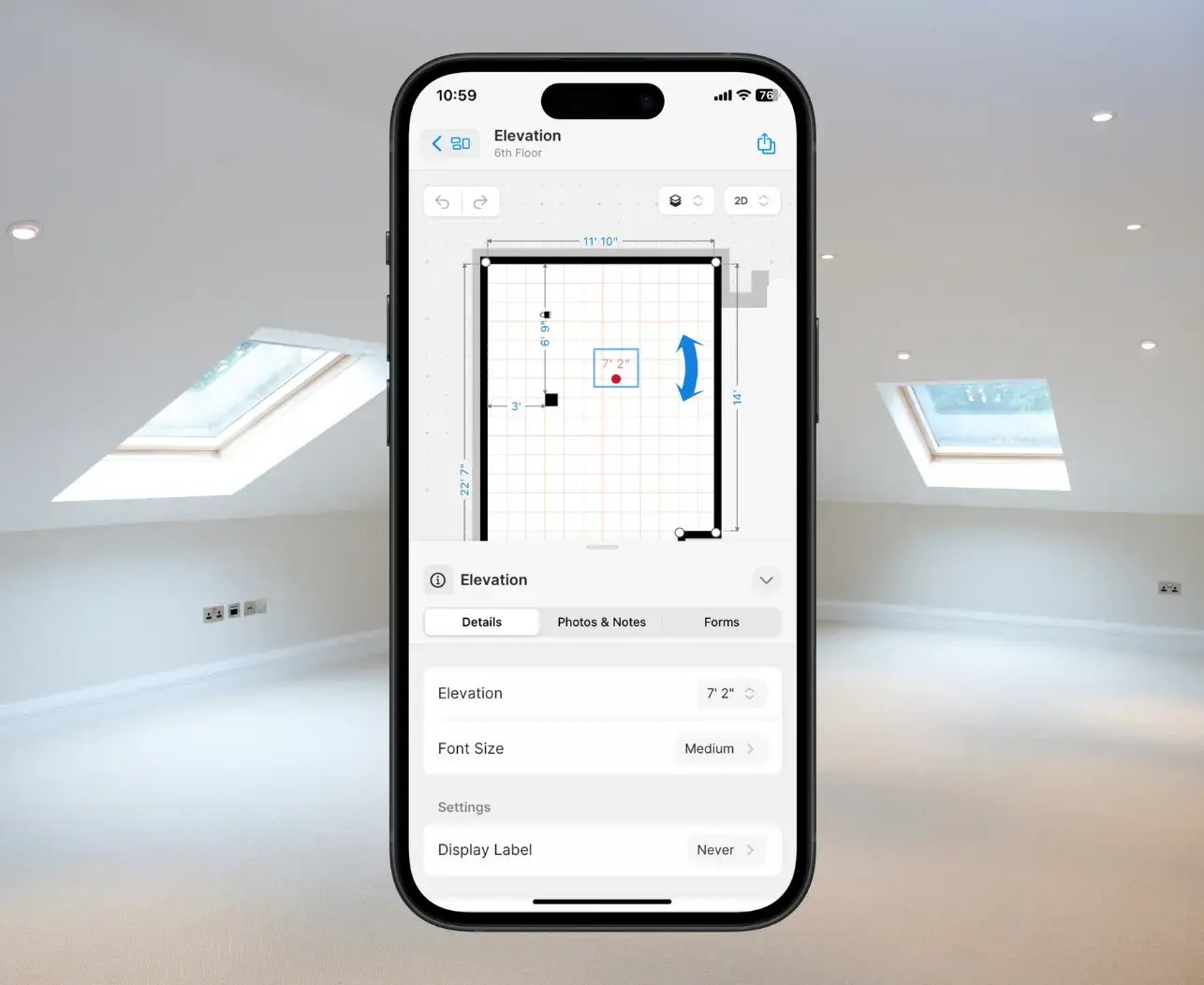 Elevation object on floor plan with ceiling measure for sloped / slanted ceiling on iphone in front of empty white room