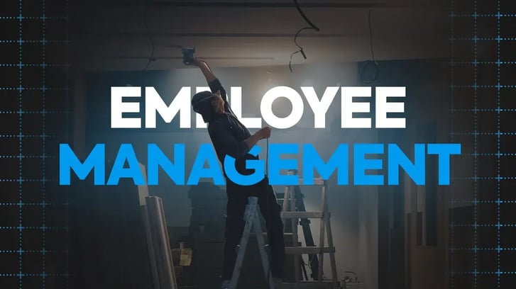 Remodeling painter employee painting house ceiling with text "Employee Management"