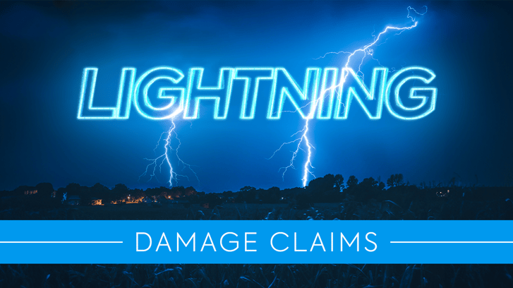 Lightning in the sky damaging the roofs of several houses with the text in neon blue Lightning Damage Claims