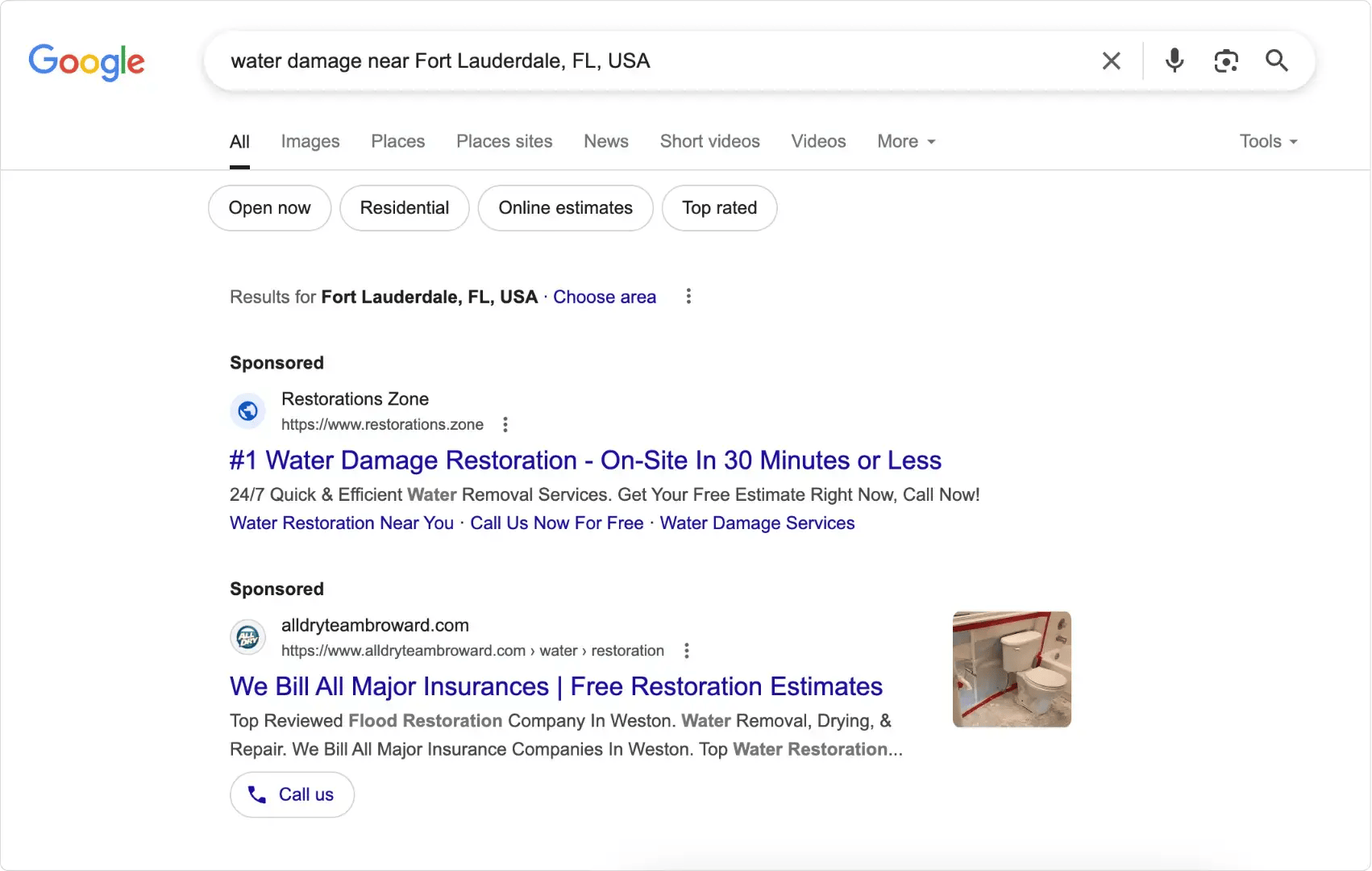 Google search for restoration business with water damage mitigation services in Fort Lauderdale, Florida, United States