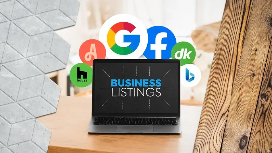 remodeling contractor business listing (houzz, angi, google, facebook logos) behind laptop for carpentry and flooring