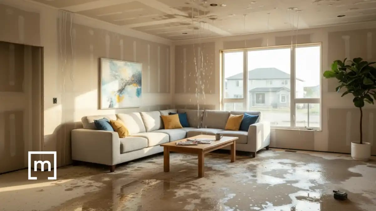 Interior of a house with leaks on the ceiling and the floor