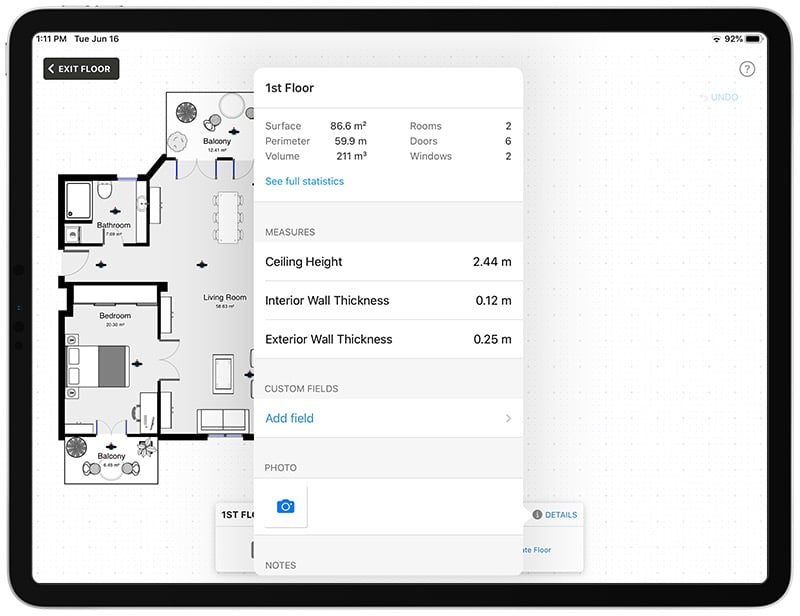 magicplan floor plan in iPad describing first floor house sketch, inluding ceiling height, interior and exterior wall thickness
