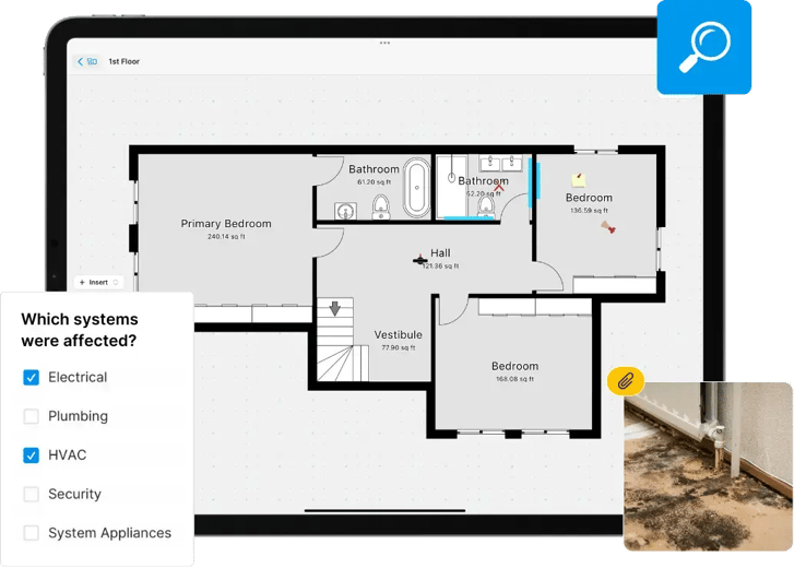 Water damage mold restoration project sketch with assessment findings and photos on iPad Pro after winter storm