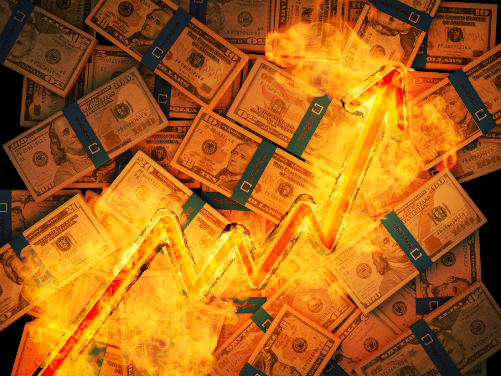 inflation graph rising with packs of thousand or million US dollar bills 