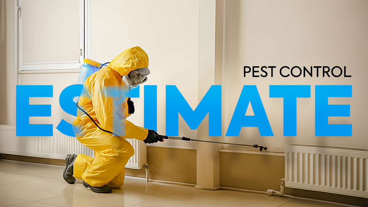 Pest control professional technician removing pest and termites with the word pest controls estimates