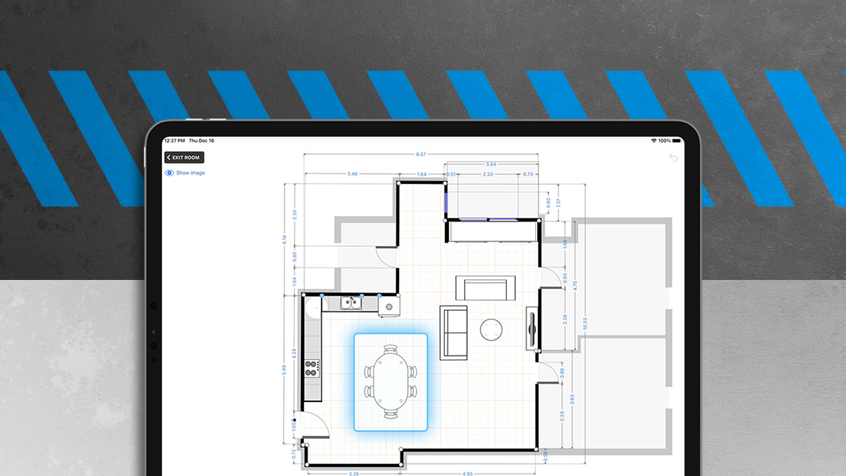 house floor plan using the magicplan app on an ipad higlighting the kitchen and the living room