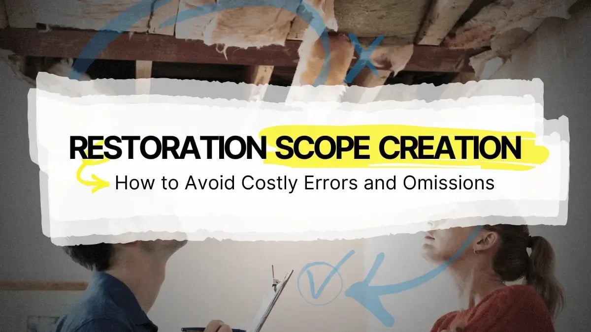text "Restoration scope creation - how to avoid costly errors and omissions" with restorers documenting site on residential claim.