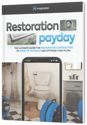 Restoration payday guide for restorers to get paid with phone taking photo of a bathroom with water damage and mold on the wall and drying equipment