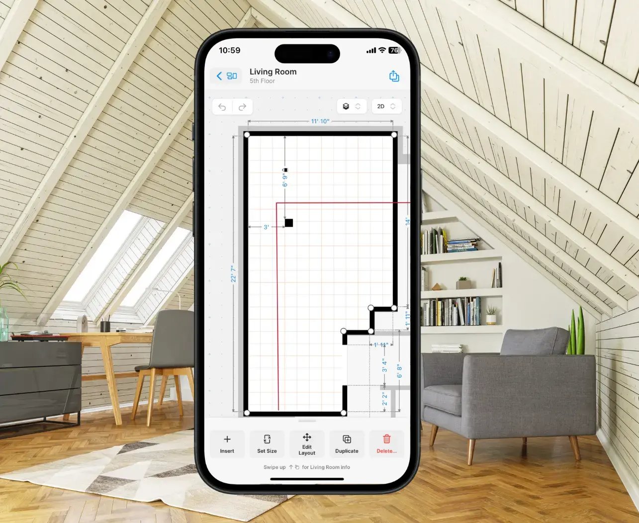 Sloped / slanted ceiling room measurements floor plan on iphone in from of living room attic