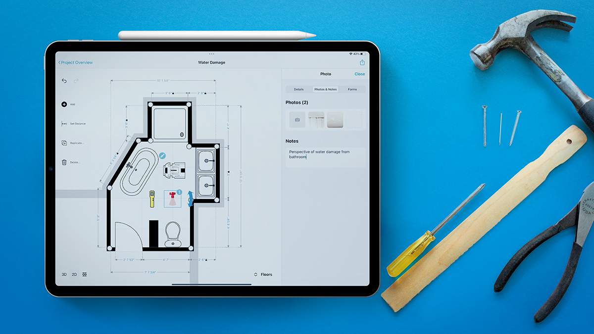 magicplan showing floor plan sketch with notes and annotations on water damage