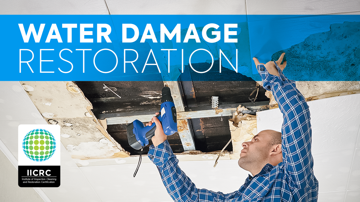 Water Damage Restoration: a contractor drilling through the ceiling IICRC S500 water damage standard