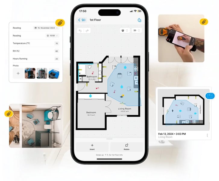 Water mitigation documentation with digital sketch on iPhone, moisture readings and photos with drying equipment.