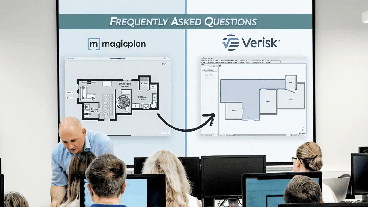 restoration professionals and claims adjuster in class learning how to use the magicplan and Xactimate integration with presentation slide with FAQs about the integration with a magicplan sketch trasnferred to xactimate sketch and verisk logo