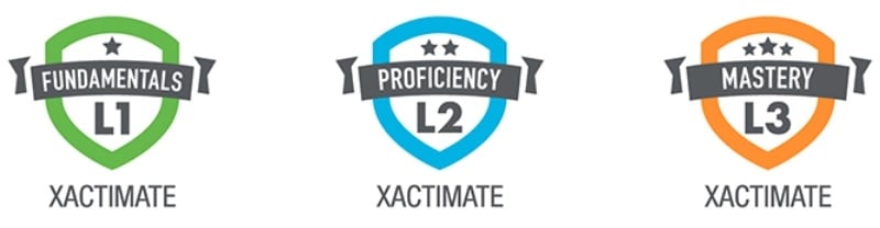 Xactimate certification badges - L1: Fundamentals, L2: Proficiency, L3: Mastery