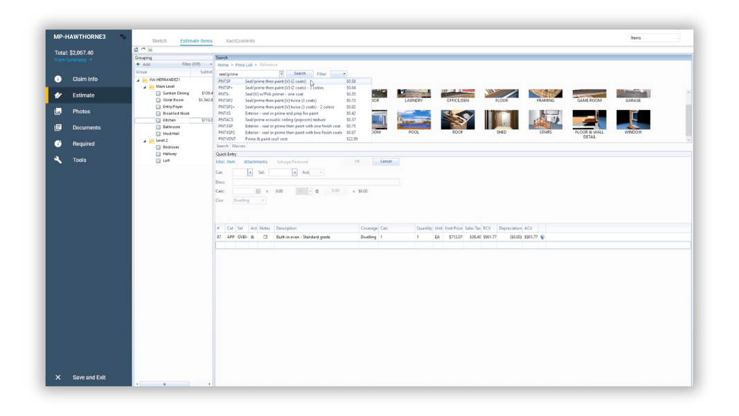 Xactimate software creating a Xactimate estimate with restoration claim project photos and line items