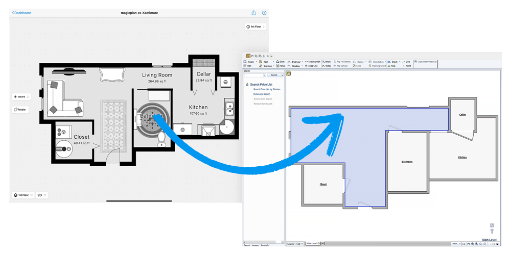 Sending a magciplan floor plan to Xactimate sketch for estimating water damage claim.
