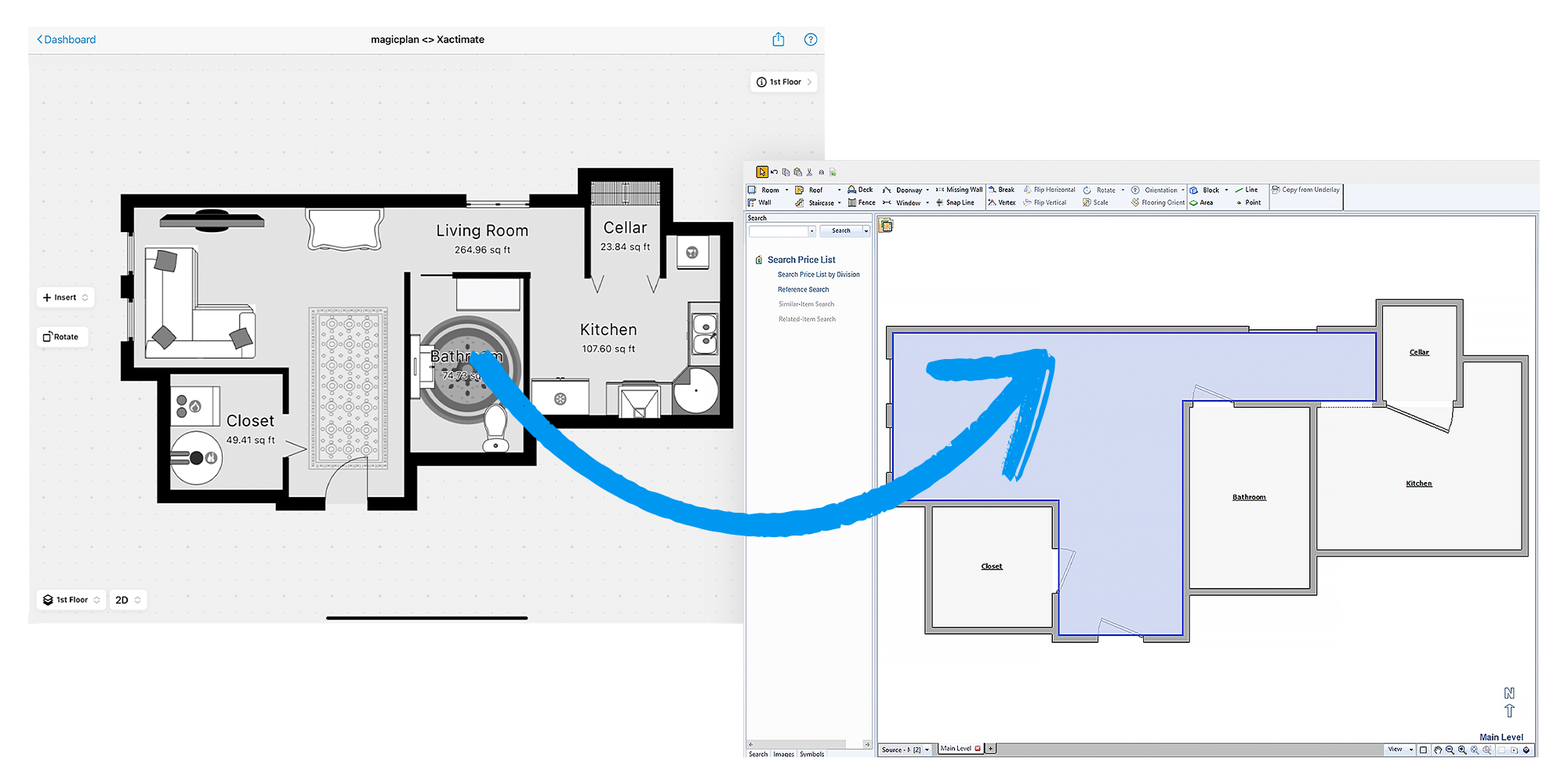 Sending a magciplan floor plan to Xactimate sketch for estimating water damage claim.