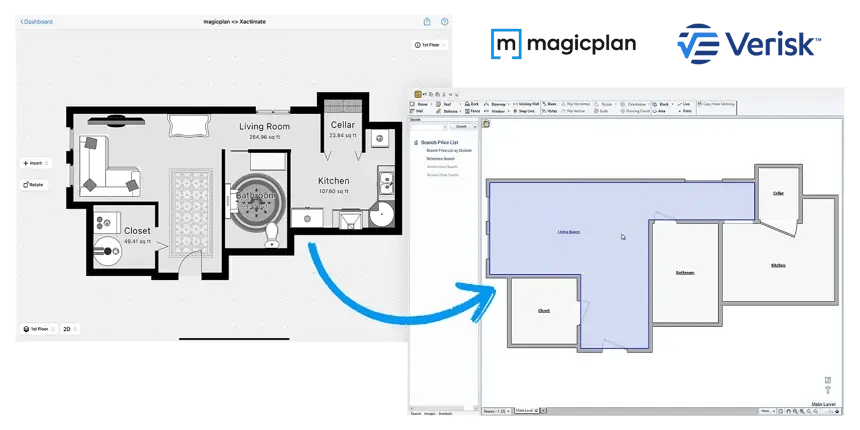 A magicplan floor plan being sent to Xactimate instantly without any ESX file upload. magicplan and Verisk logos.