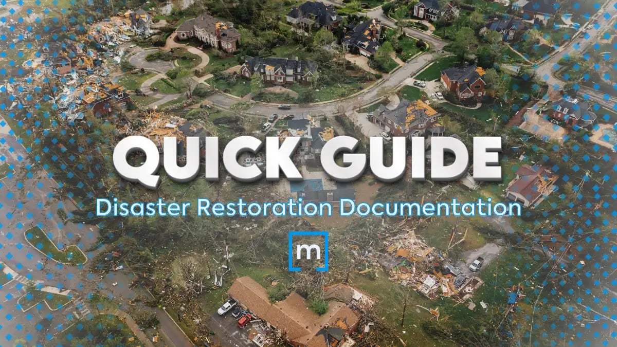 Aerial view of a Catastrophe's aftermath on a residential area (text: Quick Guide: Disaster Restoration Documentation