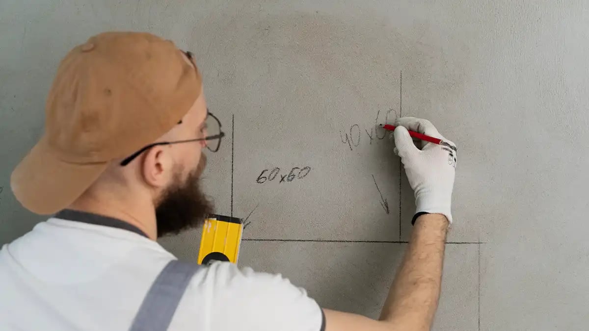 a contractor showing the old way of documenting with marking on the wall with pen and paper 