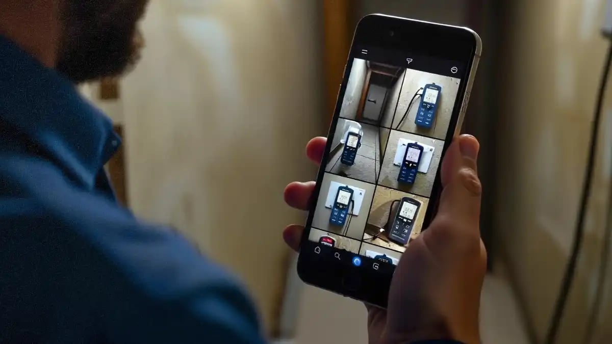 a mobile device showing multiple photos of similar moisture device readings