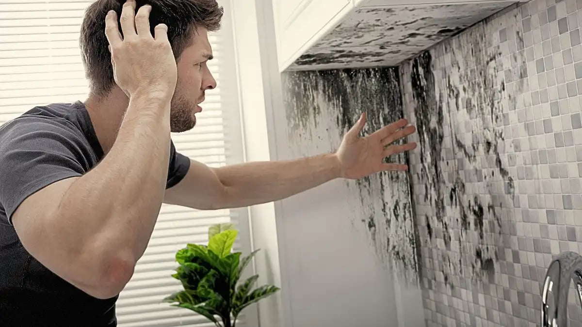 a photo showing a water-damaged kitchen with molds and a man panicking