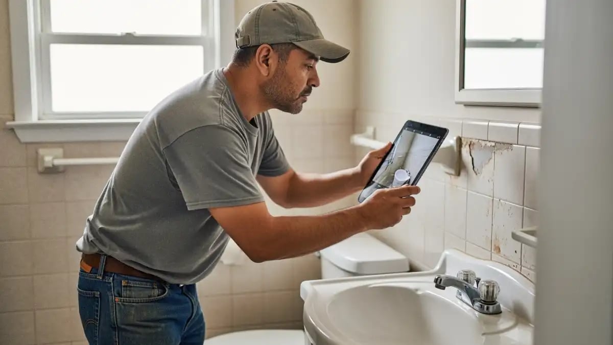 a strong man restorer taking pictures of a water damaged site with magicplan