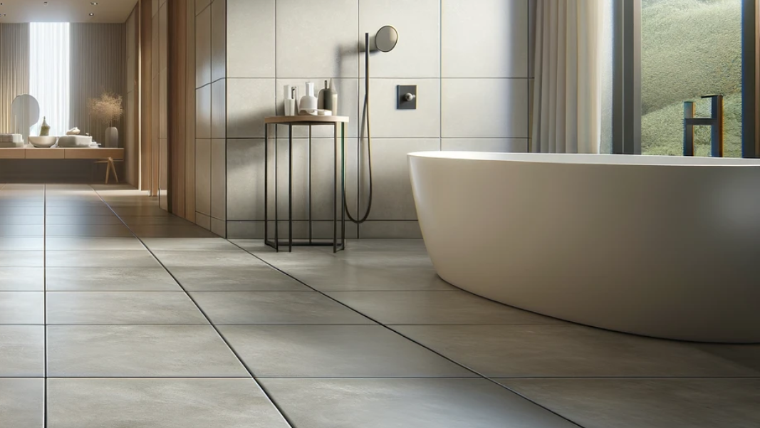arge-format tiles of a modern bathroom floor with a white tub