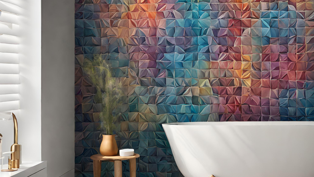bathroom featuring a wall with colorful, textured or statement-print wallpaper with a tub and a side table